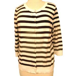 Talbots Pima Cotton Brown & White Striped Cardi Slim Fit 3/4 Sleeve Sz Large